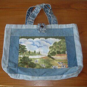 Denim Patchwork Country Upcycled Jeans Purse Tote Bag w/inside zip pocket